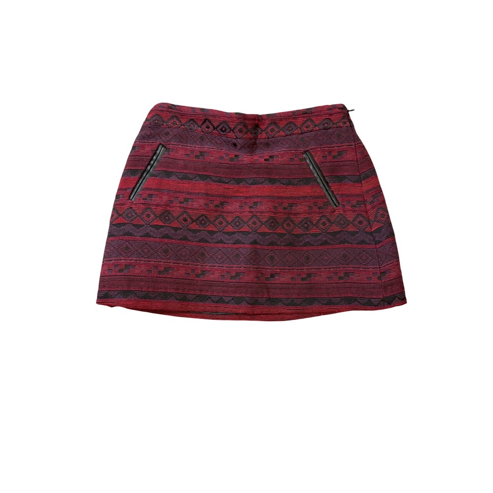 Zara Girl SZ 9/10 Red Black Maroon Mini Skirt Knit Textured Lined Leather Pocket